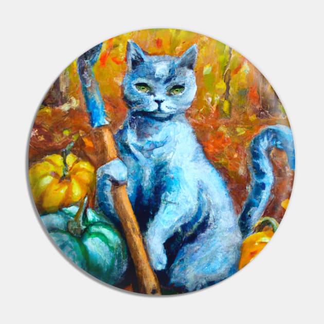 Blue Cat is Tending to the Pumpkin Harvest Pin by Star Scrunch