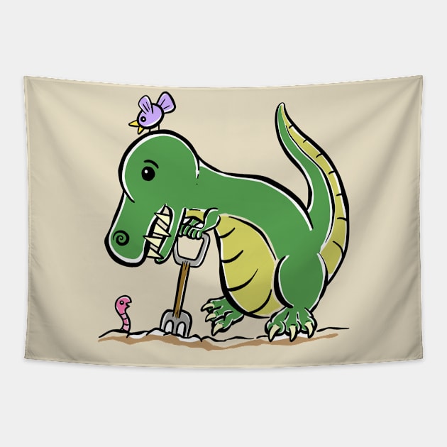 Gardening Gardener Tyrannosaurus Dinosaur Dino Cartoon Cute Character Tapestry by Squeeb Creative