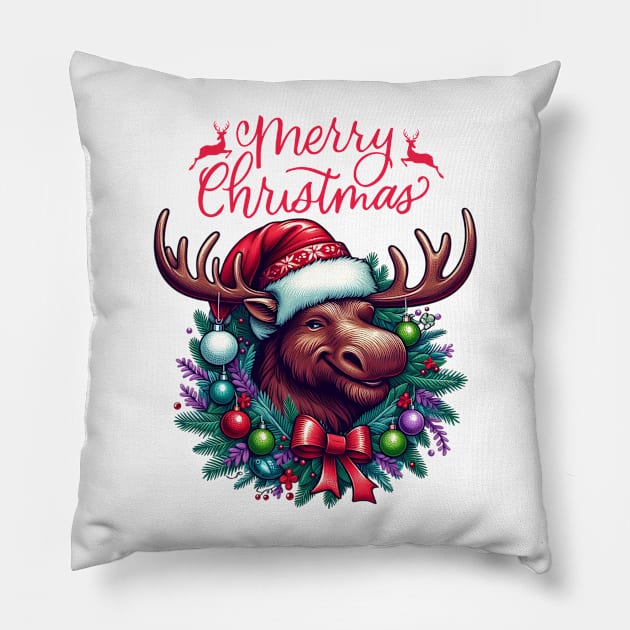 Merry Christmoose Moose Christmas 2024 Pillow by BukovskyART