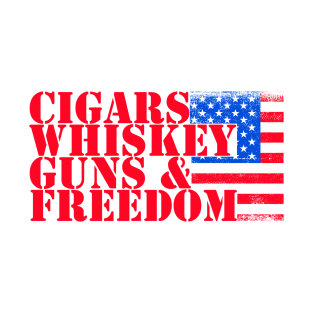 Cigars Whiskey Guns & Freedom American Flag Design T-Shirt