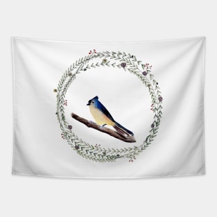 Tufted Titmouse with whimsical wreath Tapestry