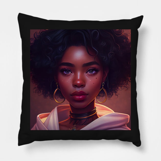 Beautiful Black Woman Anime Style Illustration Pillow by unrealartwork