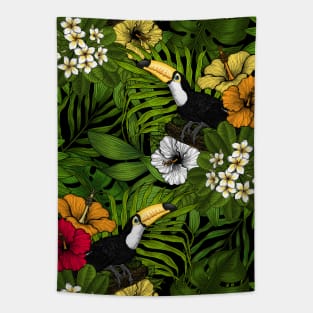 Toucans amd tropical flora, green, yellow, red and orange Tapestry