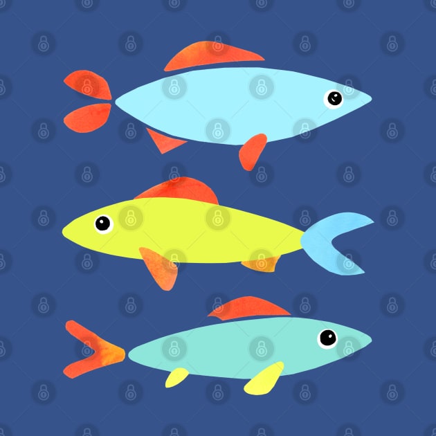 THREE COLORFUL FISH - 3 Fishes in Vibrant Blue, Red, Orange, and Green by VegShop