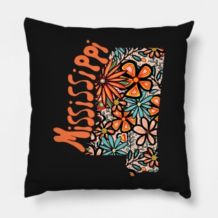 Mississippi State Design | Artist Designed Illustration Featuring Mississippi State Outline Filled With Retro Flowers with Retro Hand-Lettering Pillow