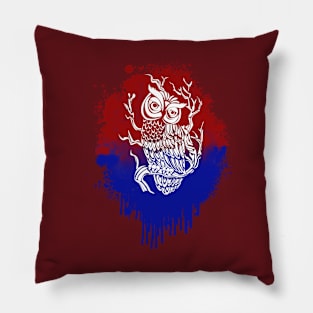 Owl in Red & Blue Splash Pillow