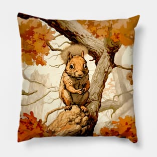 Fall Squirrel: Nature's Busy Architects on a Dark Background Pillow