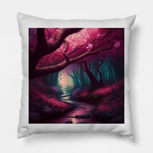 Cherry Blossom Forest with Gentle Stream Pillow