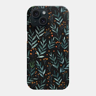 Festive watercolor branches - black, teal and orange Phone Case