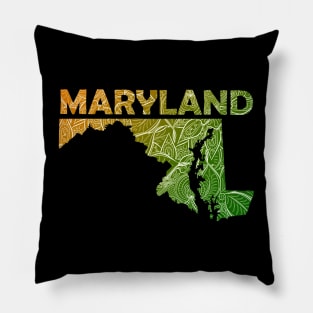 Colorful mandala art map of Maryland with text in green and orange Pillow