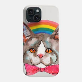 Cat in bow tie with rainbow Phone Case