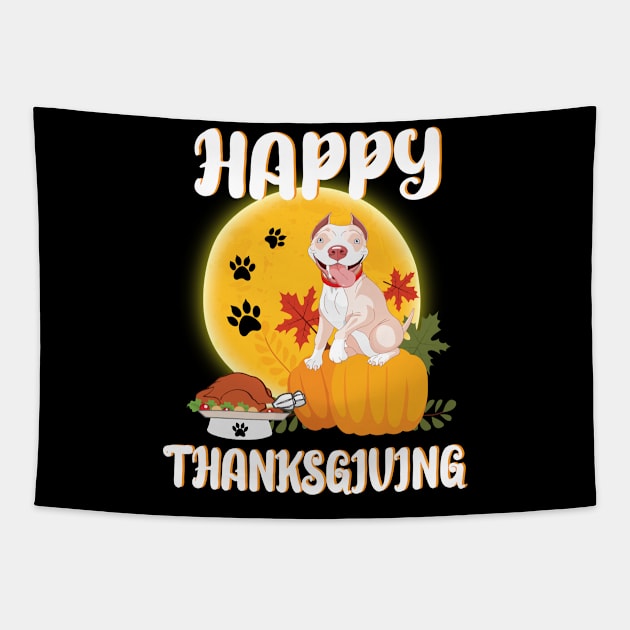 Pitbull Seeing Turkey Dish Happy Halloween Thanksgiving Merry Christmas Day Tapestry by Cowan79