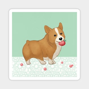 Cute Welsh Corgi and Strawberry Illustration Art Magnet