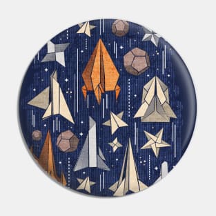 Reaching for the stars // illo // navy blue background ivory grey brown and orange origami paper asteroids stars and space ships traveling light speed Pin