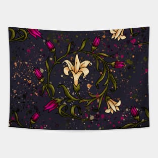 Lilies floral pattern on purple background, decorative botanical artwork Tapestry