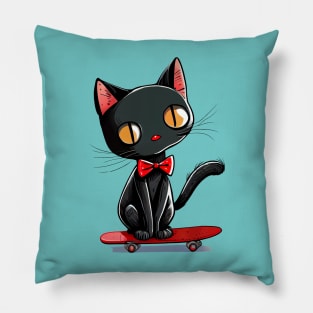 Cute Black Cat on a Skateboard Pillow