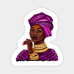 Queen Black is beautiful iii black girl with Gold bangles, neck ring necklace, purple dress and head wrap, brown eyes and dark brown skin ! Magnet