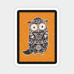 Black and White Folk Art Owl on orange floral background Magnet