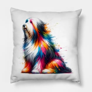 Colorful Artistic Bearded Collie in Paint Splash Style Pillow