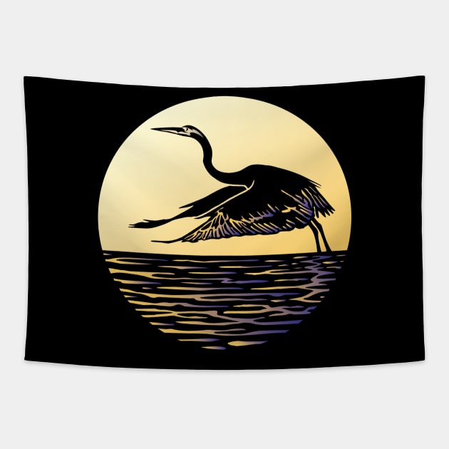 Great Blue Heron Flying in front of Sun Tapestry by LucentJourneys