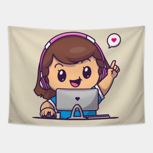 Cute Gamer Girl Playing Computer Cartoon Tapestry