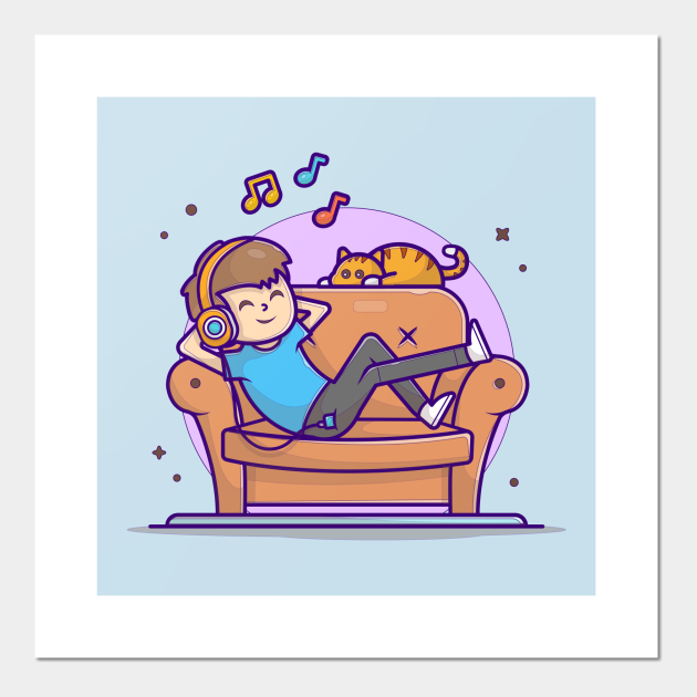 Happy Boy Listening Music On Sofa with Cute Cat, Tune, and Notes of Music Cartoon Vector Icon Illustration - Happiness - Posters and Art Prints | TeePublic Happy Boy Listening Music On Sofa with Cute Cat, Tune, and Notes of Music Cartoon Vector Icon Illustration - Happiness - Posters and Art Prints | TeePublic