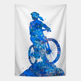 Downhill mountain bike girl blue art Tapestry