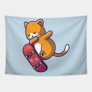 Cute Cat Playing Skateboard Cartoon Tapestry