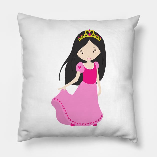 Cute Princess, Crown, Black Hair, Pink Dress Pillow by Jelena Dunčević