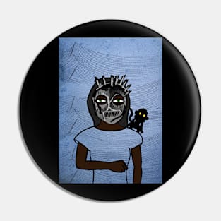 Avengers - Green-Eyed Female Character with Street Mask and Waves Background Pin