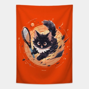 Energetic fluffy cat playing tennis (bold) Tapestry