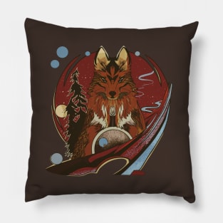 Anime cartoon style wolf with pine trees and starry night Pillow