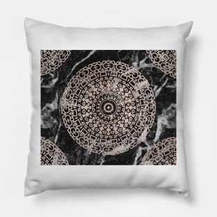 Marble mandala - deco rose gold on black Pillow