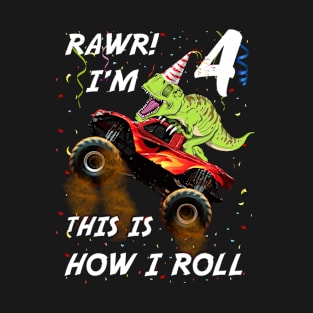 Kids Kids T Rex Dinosaur Riding Monster Truck 4th Birthday Gift T-Shirt