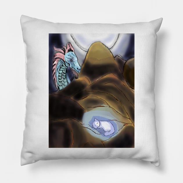 The celestial dragon takes care of his white cat while he sleeps Pillow by Kentokiyo