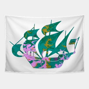 Galaxy Shores Refuge Liquid Art Sailing Ship Silhouette Tapestry