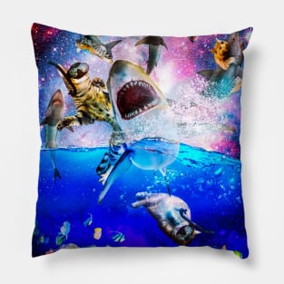 Rainbow Galaxy Cat Riding Shark In Space Pillow