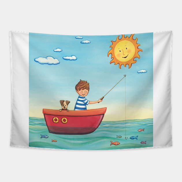 Fishing Boy Tapestry by Nopi Pantelidou