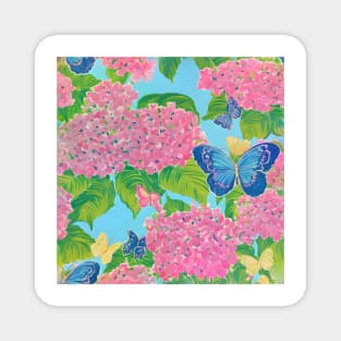 Pink hydrangeas and butterflies on blue Magnet