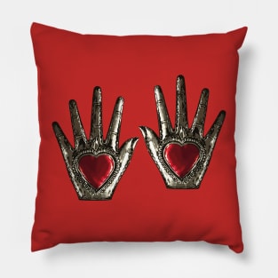 Mexican folk art tin hands red sacred hearts tin work oaxaca milagrito  boho chic decoration Pillow