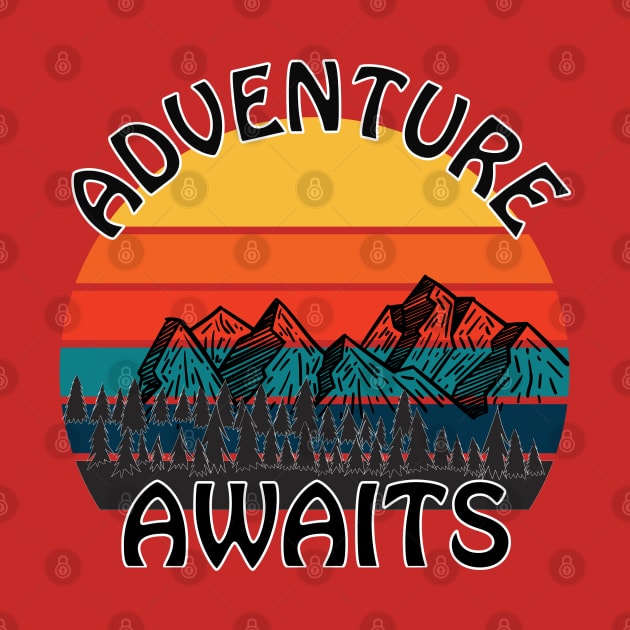 Adventure Awaits retro sunset camping Van Life by Surfer Dave Designs