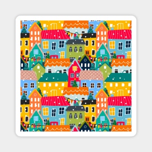 Bold city houses illustration, snowing in the town Magnet