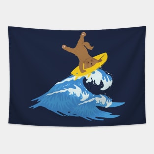 Goldendoodle Dog Surfing on Sea Wave Tapestry