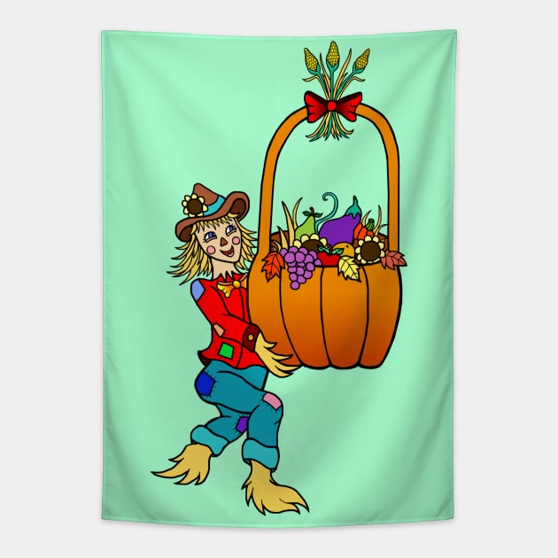 Scarecrow with Pumpkin Harvest Basket Tapestry by Art by Deborah Camp