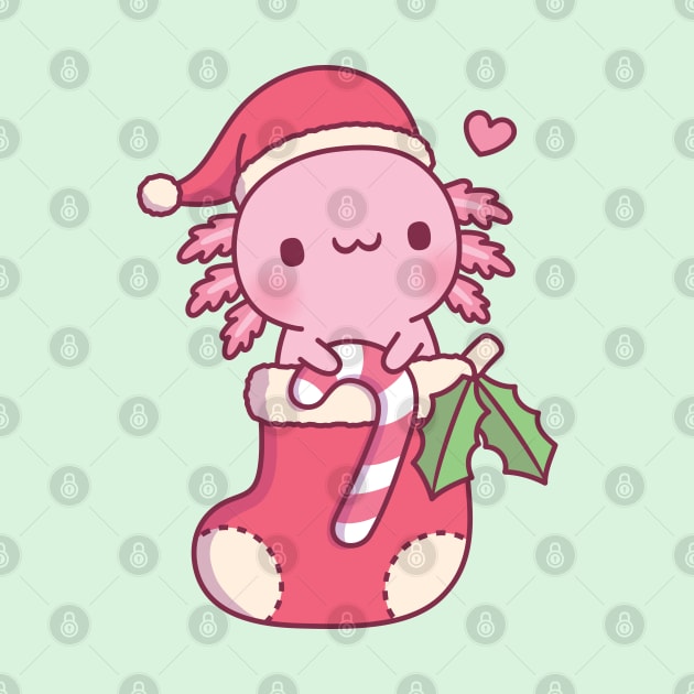 Cute Axolotl Holding Candy Cane In A Christmas Stocking by rustydoodle