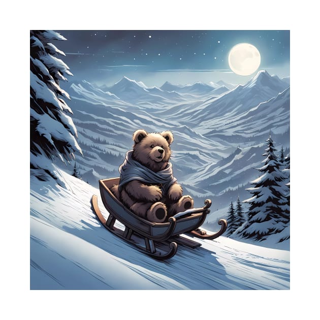 Teddy on a sledge riding down a hill in the snow by Colin-Bentham