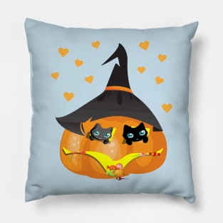 Black and Gray Cat in a Pumpkin House with Sweets Pillow