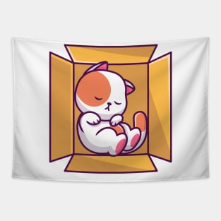 Cute Cat Sleeping In The Box Cartoon Tapestry