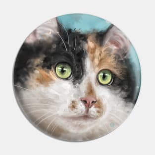 Painting of an Adorable Calico Tri-Color Cat with Gorgeous Green Eyes Pin