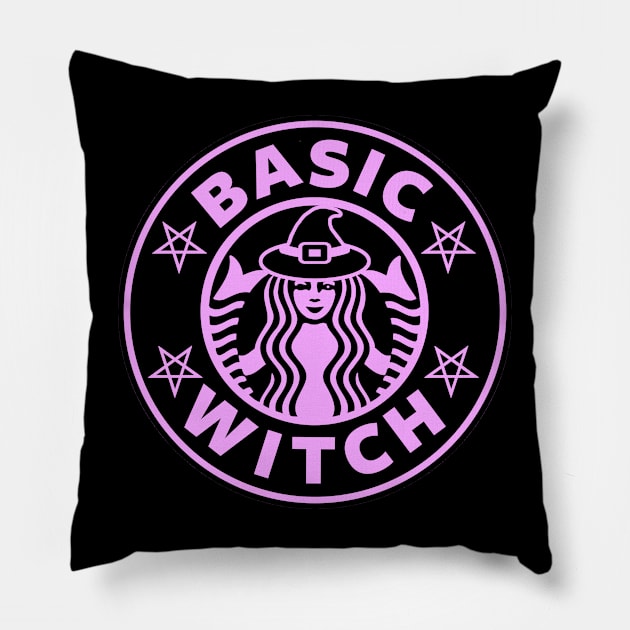 Basic Witch Pink Halloween Goth Coffee Pentagram Pillow by btcillustration